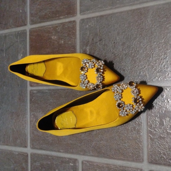 Roger Vivier Flower Strass Crystal embellishment Satin Ginger yellow flat Size35 - Picture 13 of 14